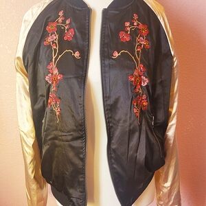 Love Tree Black and Gold Floral Embroider Bomber Jacket
